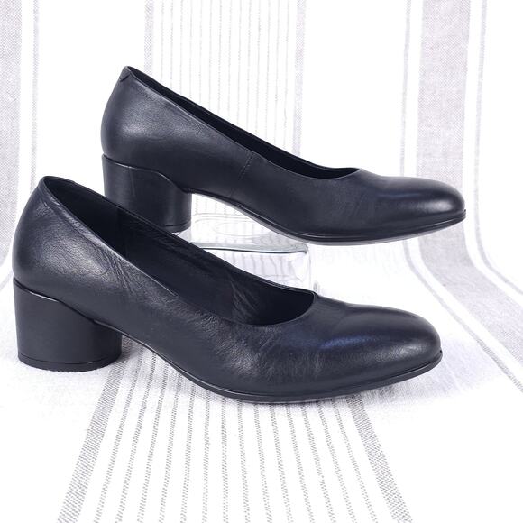ECCO Shoes Womens Black Leather Block Heel Pumps Comfort Dress